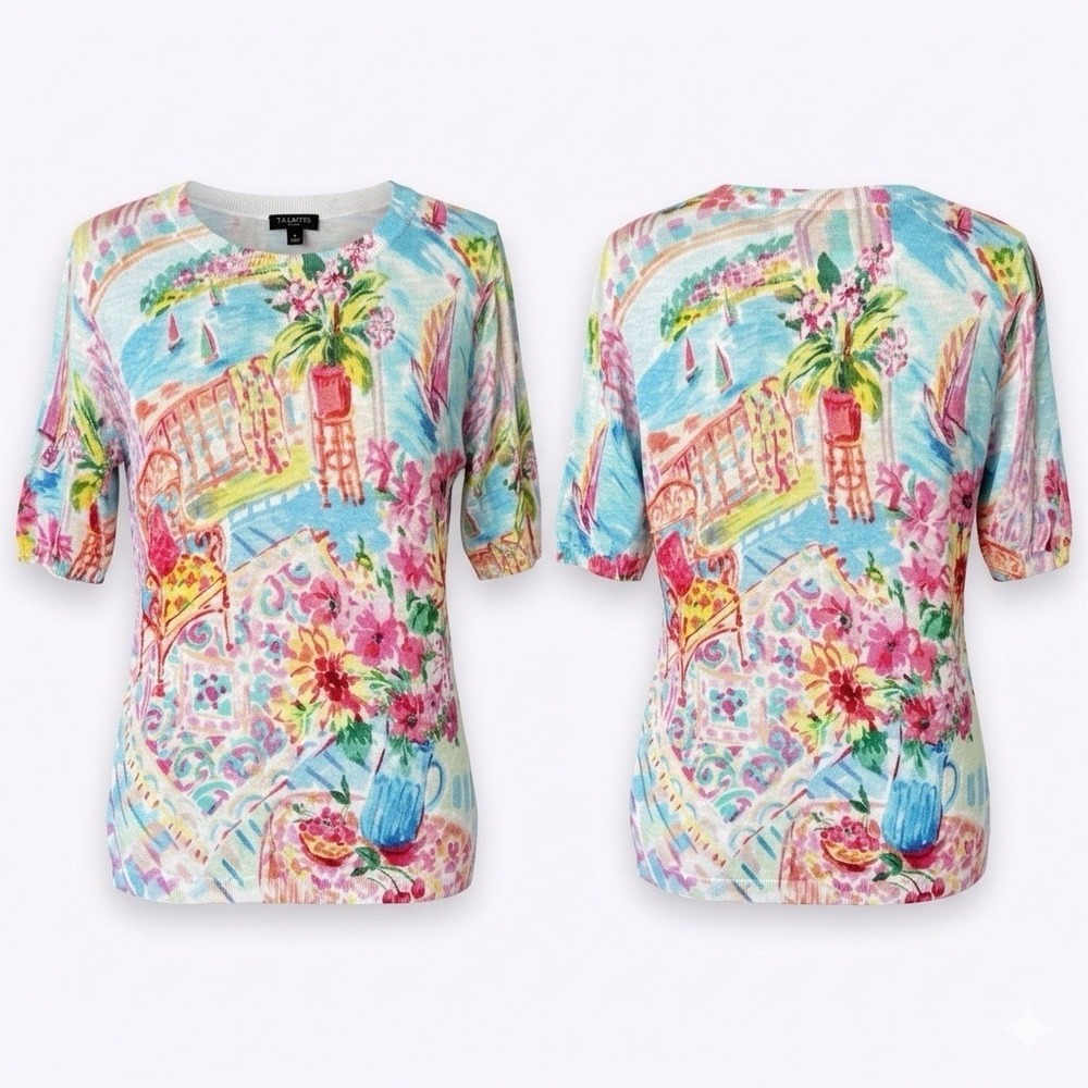 Talbots Top Petite XS‎ Summer Sweater Floral Artsy Resort Coastal Grandmother